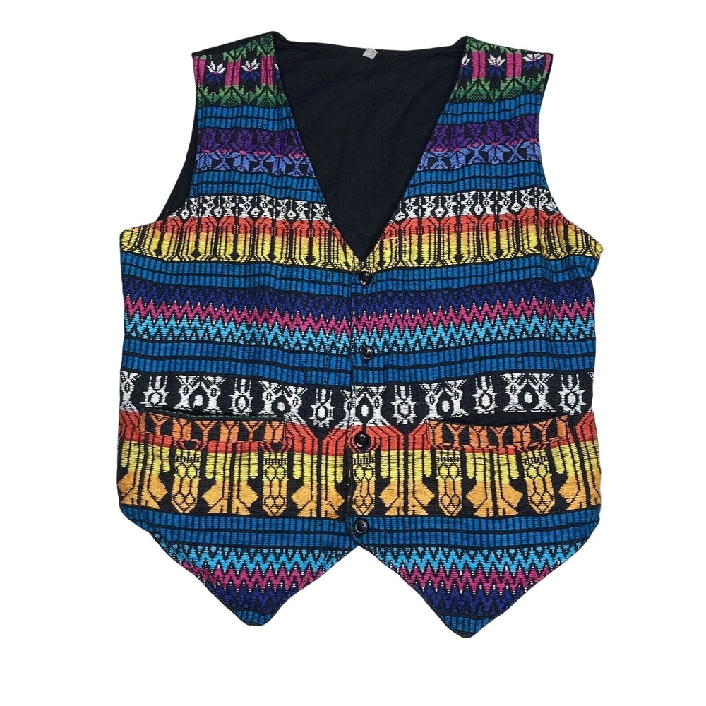 Embroidered Multi-Color Vest Large 2 Small Front Pockets Adjustable Tie in Back